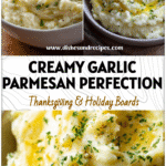 A bowl of creamy Garlic Parmesan Mashed Potatoes garnished with herbs and made from buttery yellow potatoes.